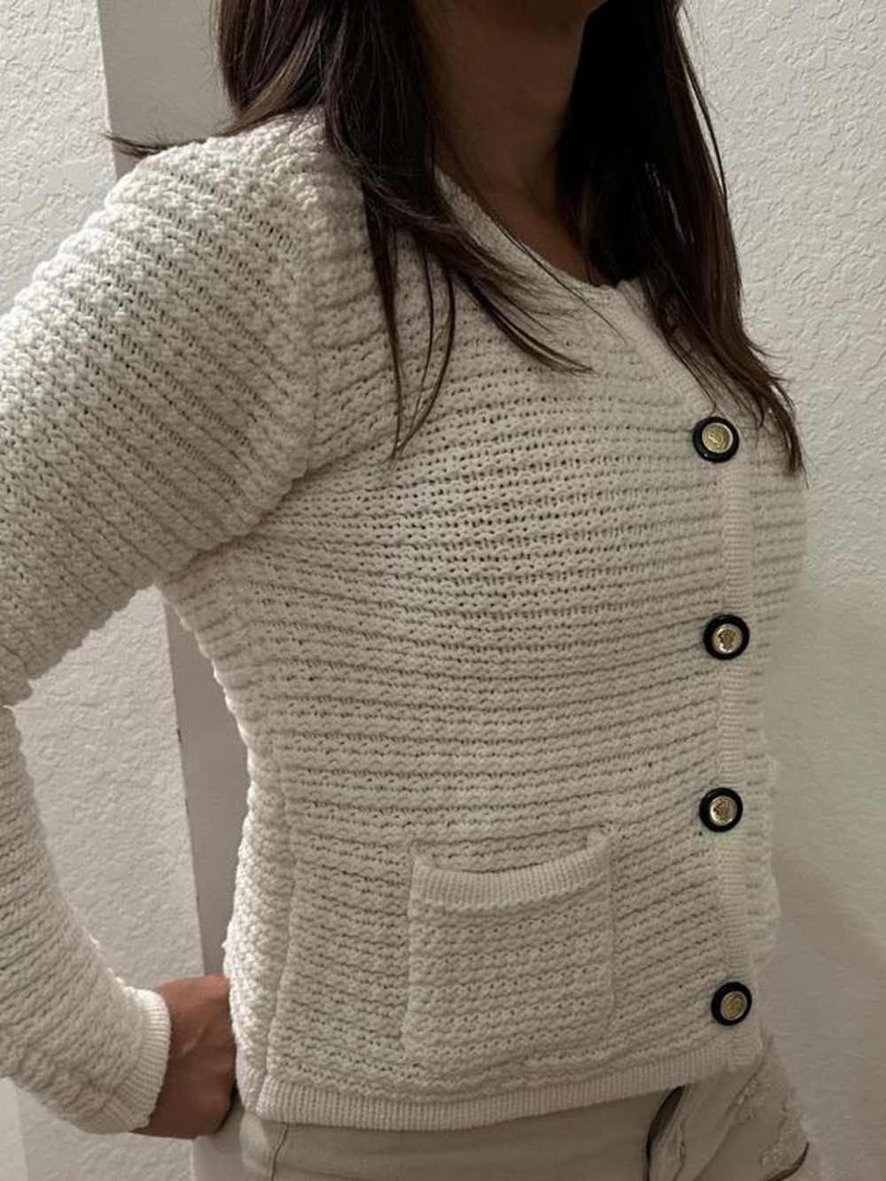 Women's Cream Button-Front Textured Knit Cardigan size medium